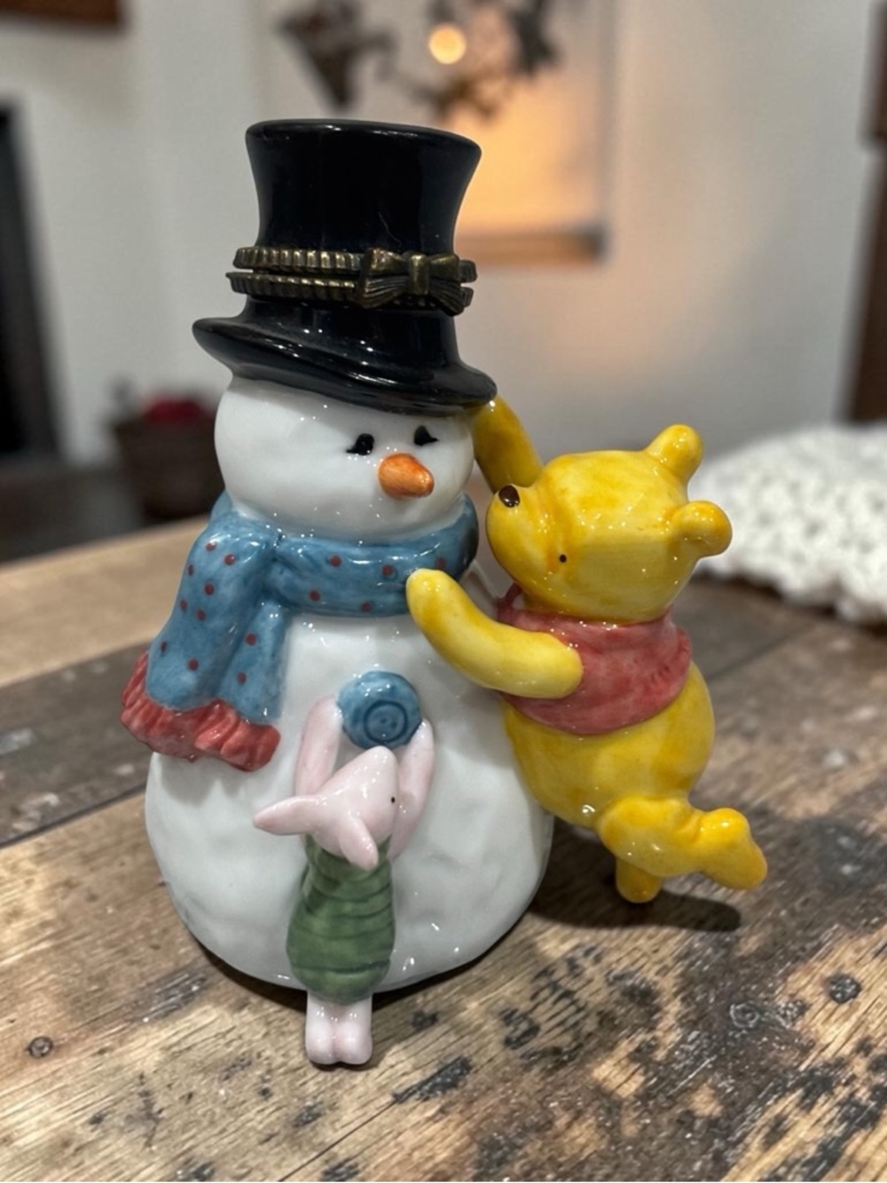 Disney Yellow Winnie the Pooh with Black Top Hat Snowman Figurine
